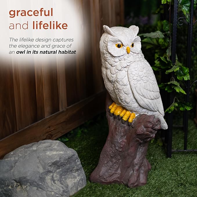Alpine Corporation JUM584 Indoor Outdoor Life Like Owl on Tree Trunk Garden Static, Rustic Owl Statue for Yard, 28" Tall, White