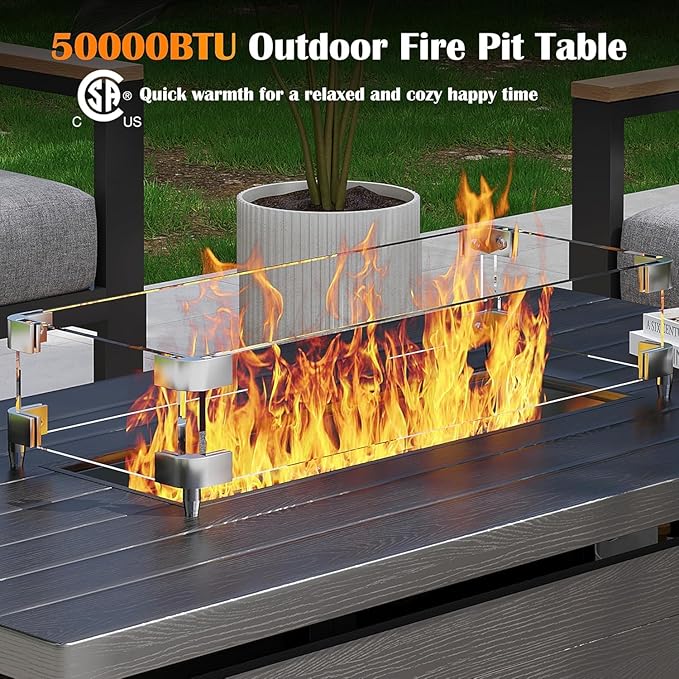 Sundale Outdoor 7 Pieces Metal Patio Furniture Set with Fire Pit Table, Outdoor Sectional Sofa with 6" Olefin Cushion, Modern Outdoor Conversation Sets (6 Seats, Grey Frame)