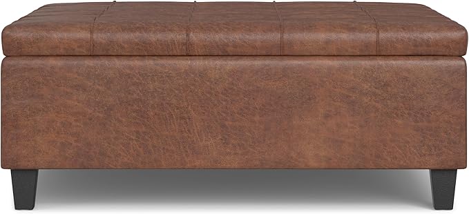 SIMPLIHOME Harrison Large Coffee Table Storage Ottoman - 40 inch Wide Upholstered Vegan Leather Square Lift-Top Ottoman in Distressed Saddle Brown, Transitional Bench for Living Room with Sturdy Base