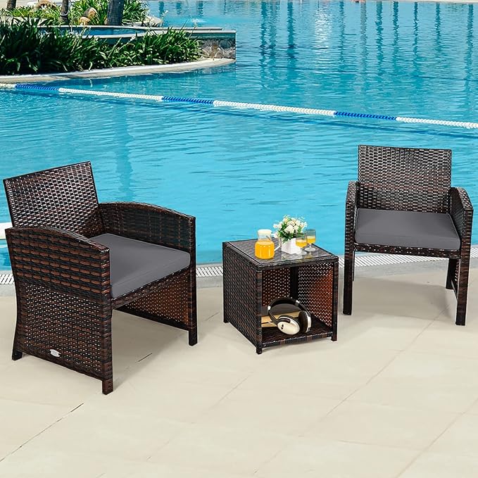 COSTWAY 3 Pieces Patio Furniture Sets, Outdoor Rattan Conversation Set with Tempered Glass Tabletop and Soft Cushion, Wicker Cushioned Chair Sofa for Backyard, Porch, Poolside, Lawn, Gray