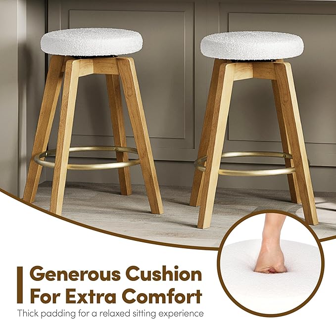 Swivel Premium Solid Wood Counter Stool 25", 360° Rotating Upholstered Cushion, Backless Bar Chair for Island, Pub, Kitchen, Dining Room (Light Oak)