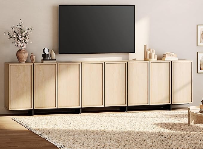 WAMPAT Modern Sideboard Buffet Cabinet with 8 Doors, Multifunctional Sideboard with Large Storage and T-Shaped Legs, Coffee Bar Cabinet Storage Cabinet for Kitchen, Living Room, Light Oak