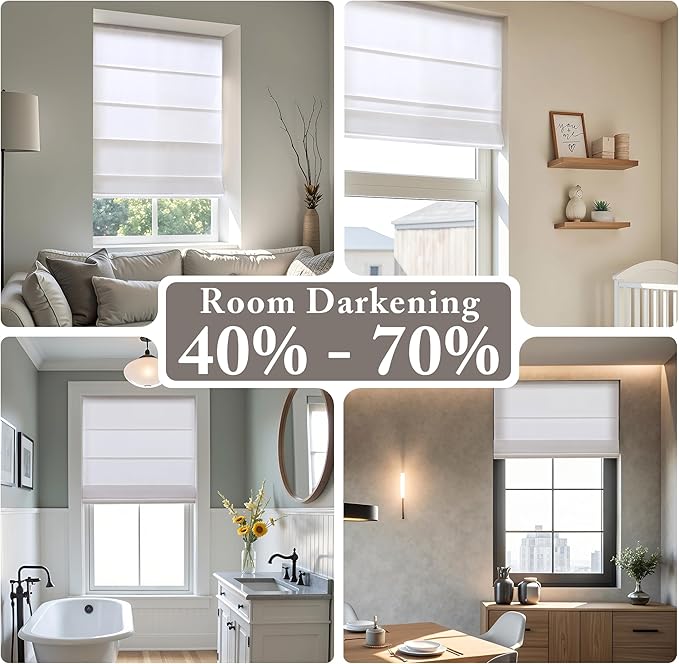 Madison Park Galen Matte White Cordless Roman Shades - Fabric Privacy Single Panel Darkening, Energy Efficient, Thermal Insulated Window Blind Treatment, for Home, Living Room Decor, 29" W x 64" H