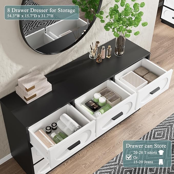 Modern 8 Drawer Dresser for Bedroom, 54" Wide Dressers & Chest of Drawers w/Solid Wood Handle, Wood Mid Century Closet Organizers and Storage Cabinet for Bedroom, Living Room, Hallway