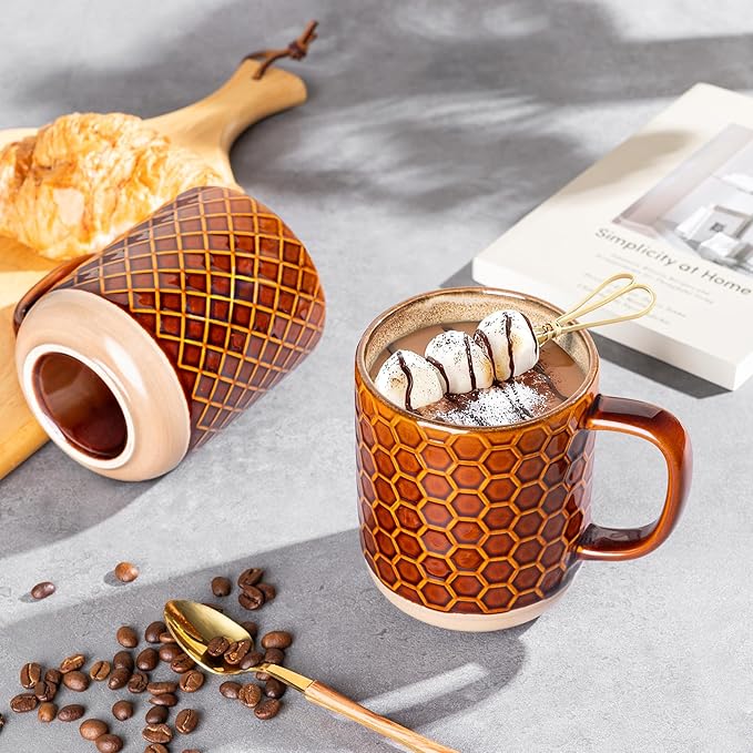 GBHOME Large Coffee Mugs Set of 4, 16oz Handmade Stoneware Coffee Mugs Set with Large Handle for Cappuccino/Latte/Tea/Hot Cocoa, Dishwasher & Microwave Safe, Caramel