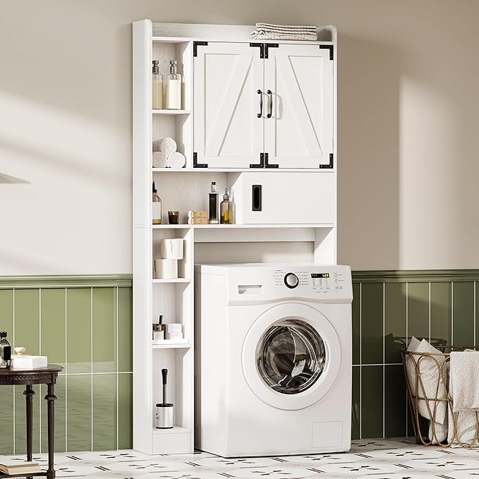ChooChoo Over The Toilet Storage Cabinet, Farmhouse Bathroom Storage Cabinet with Sliding Door, Over Toilet Storage with Adjustable Shelves, Space-Saving, White