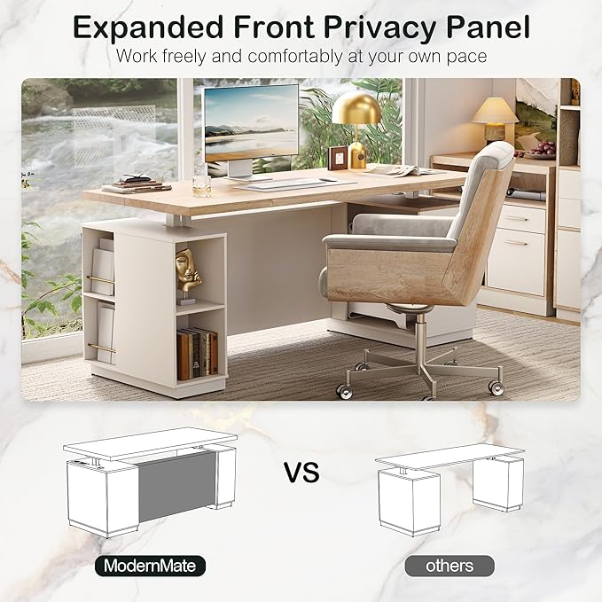 71" Standing Executive Desk with Privacy Panel, Large One-Piece Electric Height Adjustable Stand Up Desk with Charging Station, File Cabinet Storage, Home and Office, Light Walnut