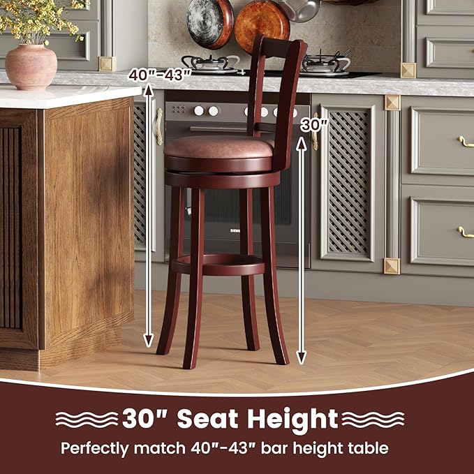 COSTWAY Barstools Set of 2, 30” Faux Leather Upholstered Bar Stools with High Backs and Footrests, Armless Kitchen Island Dining Chairs with Solid Wood Legs, Cappuccino (2, 30'' Seat Height)