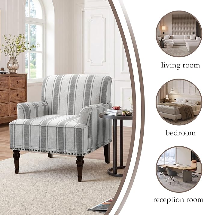 Pia Ricco Stripe Accent Chairs 2 Pack - Modern Nailhead Trim Armchairs with Wood Legs, Comfy Living Room Bedroom Home Office Seating-Gray
