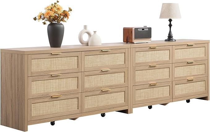 SICOTAS Rattan Dressers for Bedroom Set 2, Large 6 Drawer Dresser Long Chest of Drawers, Dresser Farmhouse TV Stand for Bedroom, Living Room, Closet (Reclaimed Light Oak, 2 Pieces)