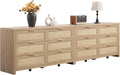 SICOTAS Rattan Dressers for Bedroom Set 2, Large 6 Drawer Dresser Long Chest of Drawers, Dresser Farmhouse TV Stand for Bedroom, Living Room, Closet (Reclaimed Light Oak, 2 Pieces)