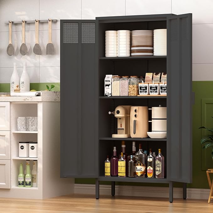 61 Inches Metal Storage Cabinet with Doors and Shelves, 4 Tier Kitchen Pantry Cabinet, Metal Cabinet for Home Office, Dinning Room, Laundry Room, Living Room, Bathroom and Utility Room (Black)