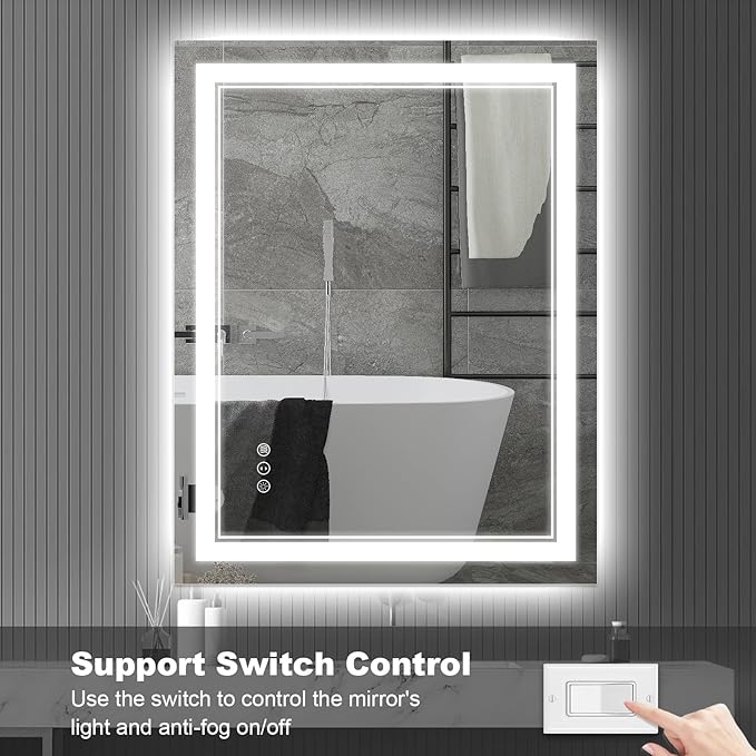 LED Mirror 20"x28" with Front and Backlit,Dimmable LED Lighted Vanity Mirror Bathrooom Wall,Memory Shatterproof Anti Fog Mirror for Bathroom