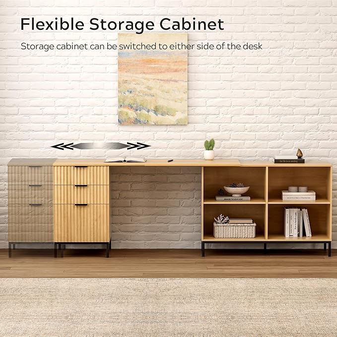 Fluted Executive Desk with Storage Cabinet, 60" Modern Flexible Home Office Desk, Large Wood Convertible Computer Standing Up Desk with File Drawer, L Shaped Writing Desk Natural Oak