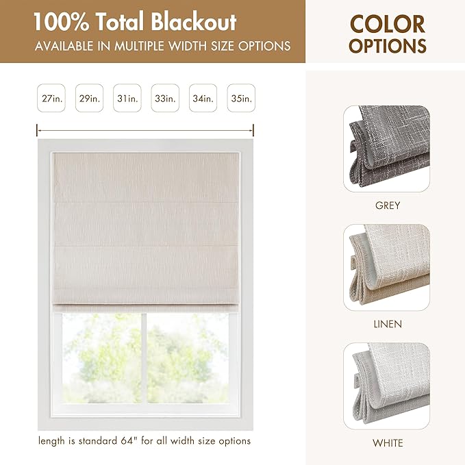 Madison Park Cordless Roman Shades, Total Blackout Window Blind Privacy Window Shades, Thermal Insulated Cordless Window Treatment for Bedroom, Living Room, Quincy, Single Panel 31" W X 64" H Linen