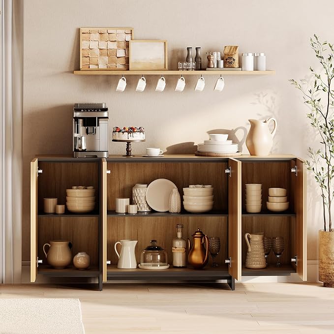 WAMPAT Modern Sideboard Buffet Cabinet with 4 Doors, Multifunctional Sideboard with Large Storage and T-Shaped Legs, Coffee Bar Cabinet Storage Cabinet for Kitchen, Living Room, Oak