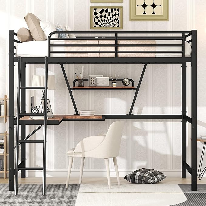 Full Size Loft Metal Bed with Desk and Shelf,Modern Bedroom Bed Frame w/Full-Length Guardrails & Ntegrated Ladder,Slat Support,for Adult Kid Boy Girl Teen,Black