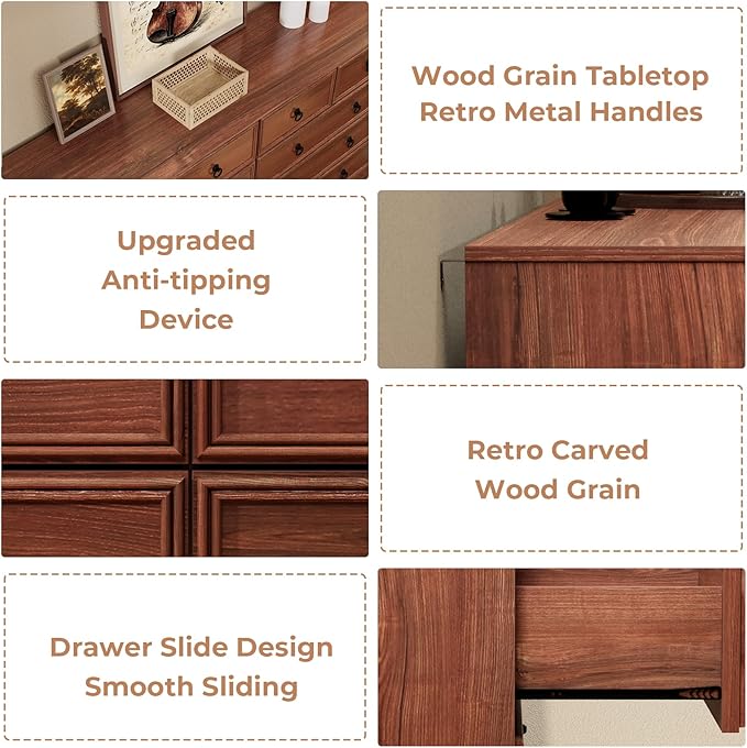 10 Drawers Dresser for Bedroom, 55.2 Inches Large Dressers Mid Century Modern Cherry Wood Chest of Drawers,Storage Organizer Furniture, Hallway, Entryway, Closet, Cherry Wood