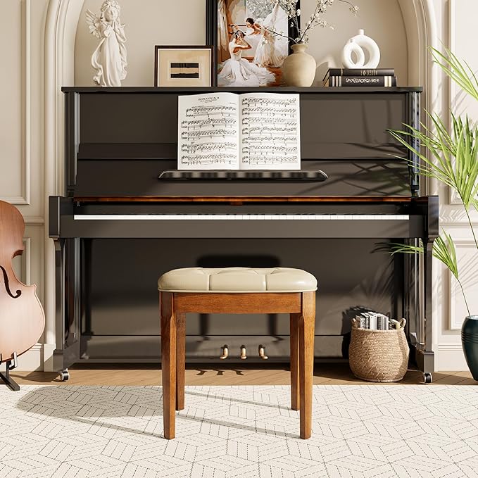 MODERION Vanity Bench with Upholstered, Modern Luxury Wood Stool ,Ottoman Shoe Bench for Living Room, Vanity, Entryway, 19.3"L x 14.9"W x 19.3"H Easy Assembly, Beeswax Leg & Cream Beige Seat FD-HNY-BG