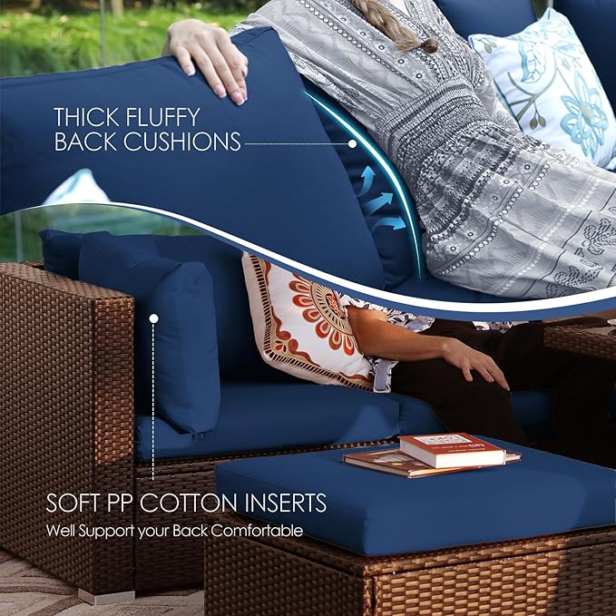 NICESOUL 6 Piece L-Shaped Outdoor Couch with Fireplace Natural Gas/Propane, 29.3'' High Back Wide Seat Patio Conversations for Outside, Oversized Comfy Sectional Furniture Set, Brown/Blue