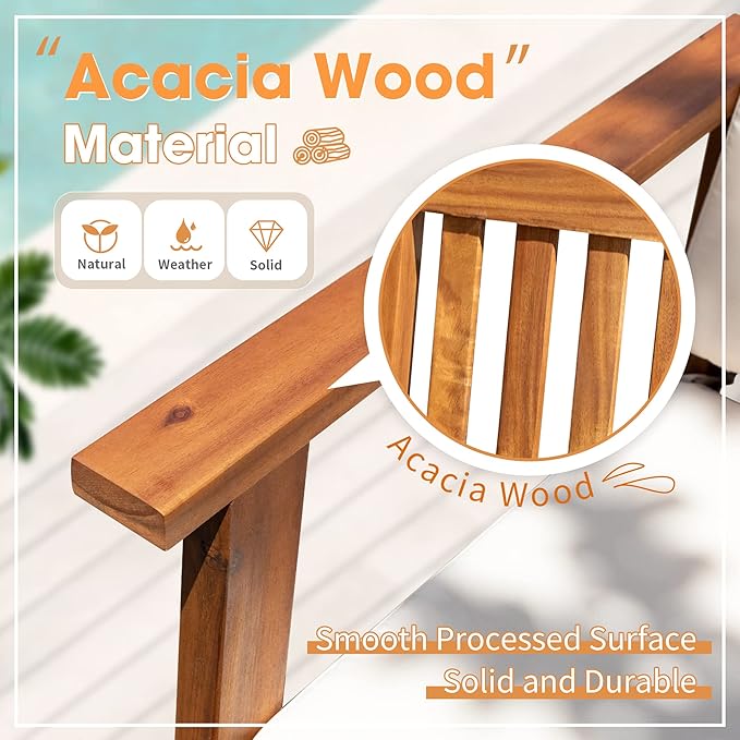 Devoko Patio Set 3 Piece Acacia Wood Outdoor Furniture Conversation Seat with Table & Cushions Porch Chairs for Balcony, Deck, Backyard