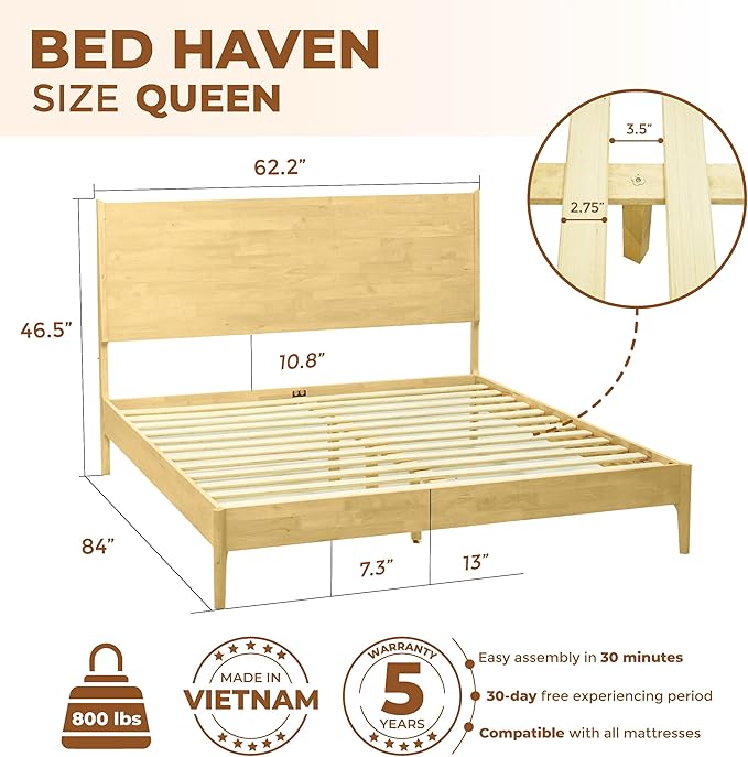 Acacia Haven Queen Bed Frame and Headboard, Platform Bed Frame Scandinavian Wood Bed Compatible with All Mattress Types, Wood Slats Support 800lbs Capacity, Quick & Easy Assembly, Oak.