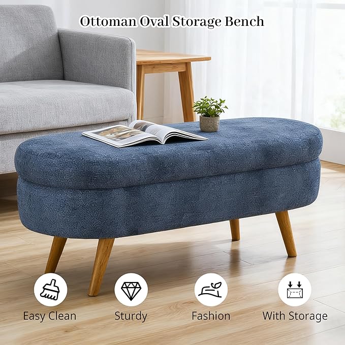Storage Ottoman Bench 43" Storage Bench for Bedroom, Upholstered Soft Boucle Fabric End of Bed with Safety Hinge Solid Wood Legs Foot Stool Benches for Hallway,Closet,Oval, Entryway, Dark Blue