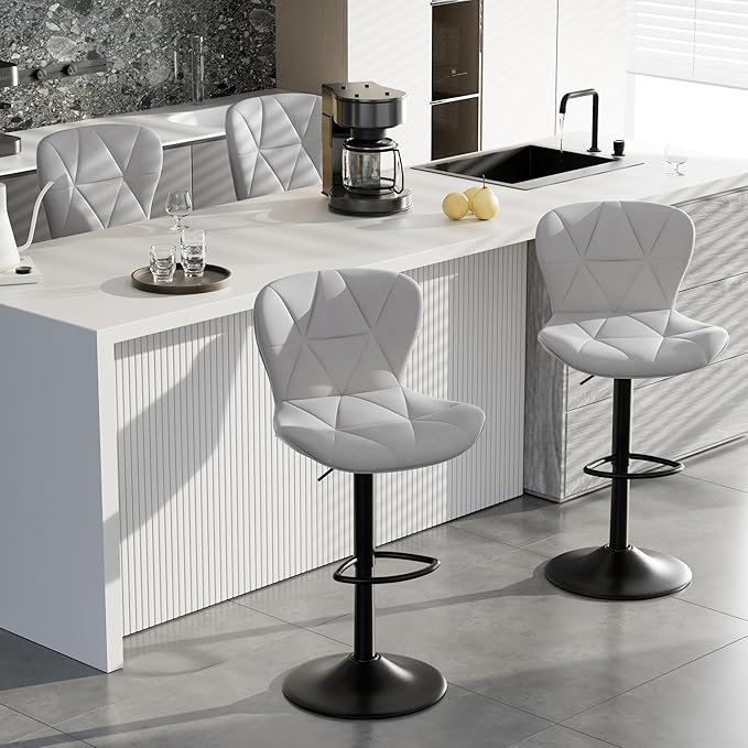 Bar Stools Set of 4,Adjustable Swivel Barstools, Faux Leather Bar Chairs,Upholstered Counter Height with High Backrest for Kitchen Island, Light Grey
