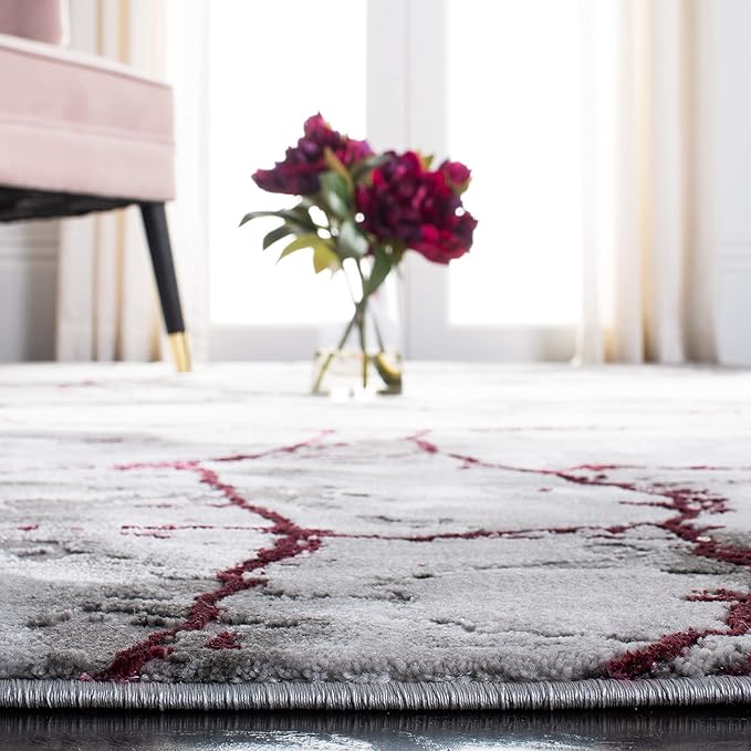 SAFAVIEH Craft Collection Area Rug - 8' Square, Grey & Wine, Modern Abstract Design, Non-Shedding & Easy Care, Ideal for High Traffic Areas in Living Room, Bedroom (CFT877S)