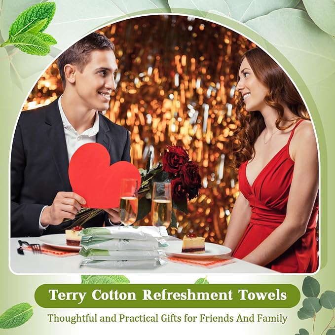50 Pcs Moist Towelettes Individually Wrapped Scented Disposable Face Towels Essential Oil Infused Moist Terry Cotton Towel for Use Hot or Cold Travel Body Spa (Mint, Eucalyptus Leaves)