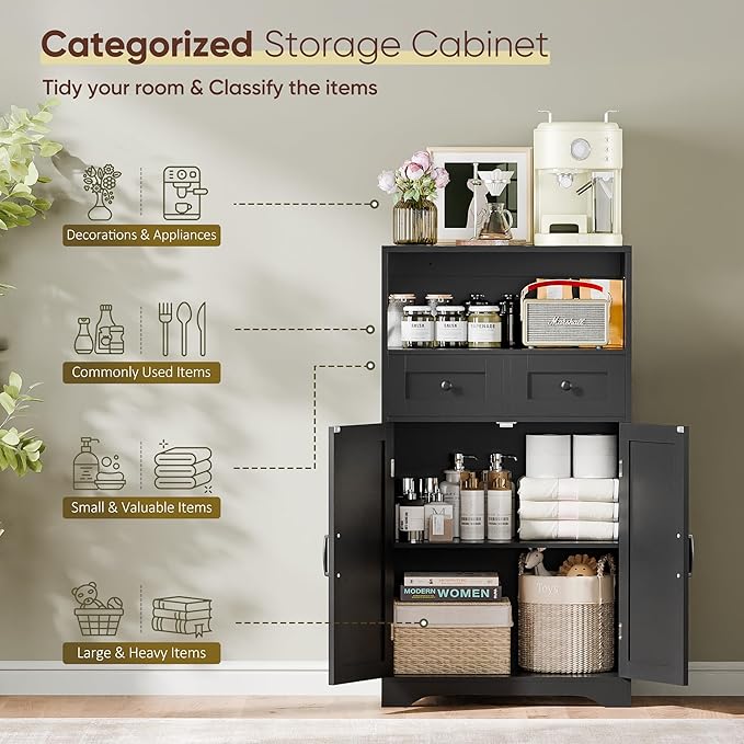 SUPER DEAL Farmhouse Storage Cabinet, Bathroom Floor Cabinet Kitchen Pantry with Doors and Drawers, Hutch Cupboard for Living Room, Bedroom, Laundry, Black