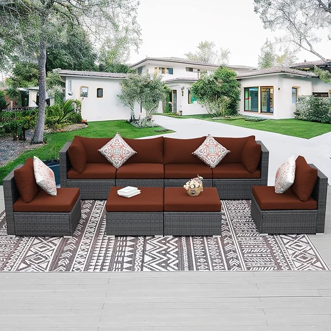 NICESOUL 8 Piece Modern Patio Couch Set, 29.3'' High Back Oversized Wicker Outdoor Sectional Furniture with Ottoman, Wide Seating Comfy Conversations for Backyard Deck, 2 Color Cushion Wine & Gray