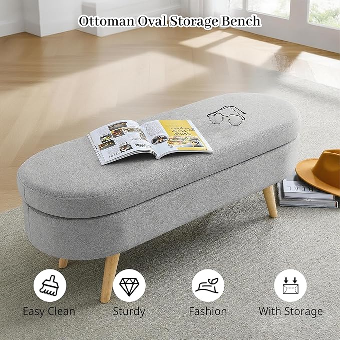 Storage Ottoman Bench 43" Storage Bench for Bedroom, Upholstered Soft Boucle Fabric End of Bed with Safety Hinge Solid Wood Legs Foot Stool Benches for Hallway,Closet,Oval, Entryway, Grey