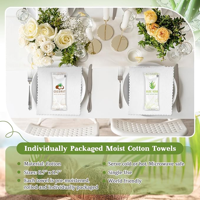 Timgle 50 Pcs Moist Towelettes Individually Wrapped Scented Disposable Face Towels Essential Oil Infused Moist Terry Cotton Towel for Use Hot or Cold Travel Body Spa (Aloe Vera, Coconut)