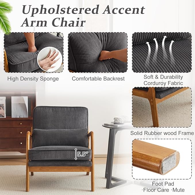 VINGLI Upgraded Premium Corduroy Accent Chair,Upholstered Arm Chair,Solid Wood Comfy Reading Chair with Lumbar Pillow, Mid Century Modern Chairs for Living Room,Bedroom,Dark Grey