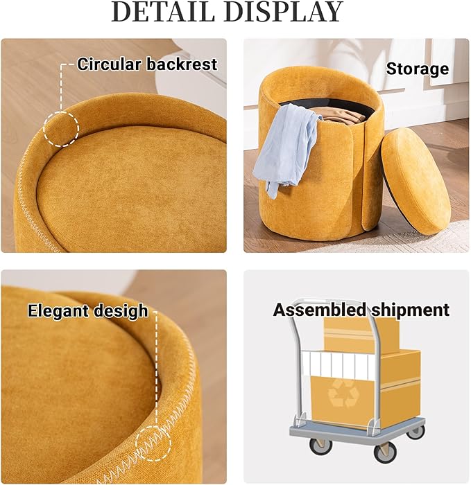 Swivel Vanity Stool with Gold Base Comfy Vanity Chair Modern Round Stool for Makeup Vanity Ottoman Foot Rest for Bedroom livingroom, Yellow
