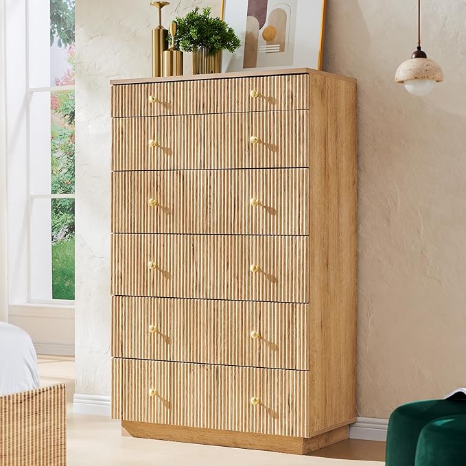 Fluted Dresser for Bedroom, 48" H 7 Drawer Dressers, Wood Tall Dresser Storage Organizer, Modern Bedroom Chest with Deep Storage for Closet Hallway, Entryway, Living Room Natural