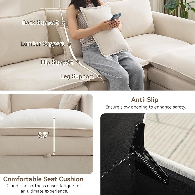 30" Cloud Modular Single Sofa Chair with Storage, Modern Upholstered Accent Chair Deep Seat, Chenille Reading Lounge Armchair for Living Room, Bedroom, Small Space, Beige