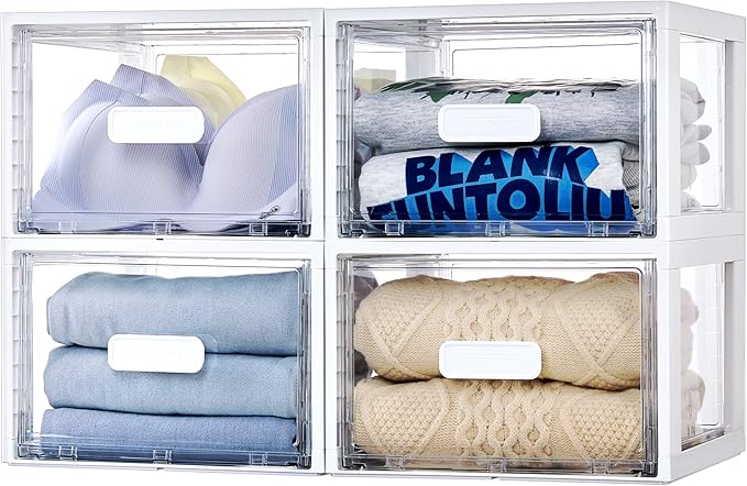 Vtopmart 4 Pack 18QT White Stackable Storage Drawers,Easily Assemble Acrylic Closet Organizers,Plastic Storage Bins for Bathroom,Cabinet,Kitchen Pantry,Under Sink Organization