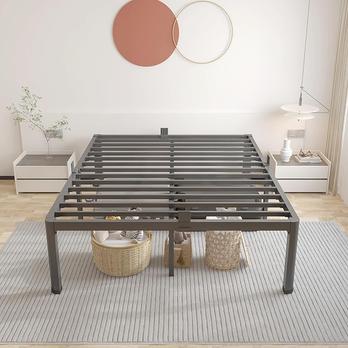 ROIL 14 inch King Size Bed Frame Metal Platform No Box Spring Needed with Headboard Hole Round Corner Legs Mattress Stoppers Retainers 3500LBS Heavy Duty Steel Slats Noise-Free