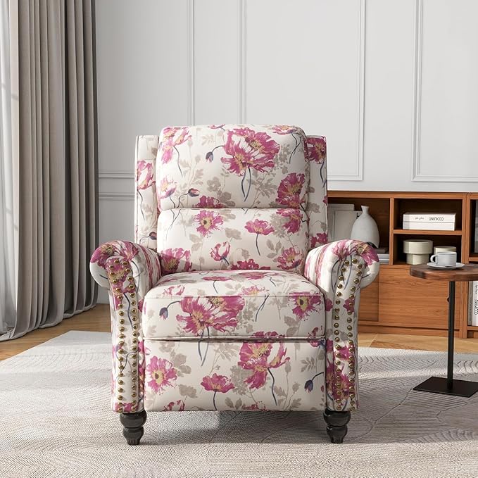 UIXE Floral Pushback Recliner Chairs Set of 2, Fabric Overstuffed Armchair Push Back Accent Chair for Living Room, Rivet Trim Club Chair Home Theater Single Sofa Bedroom Reading Seat