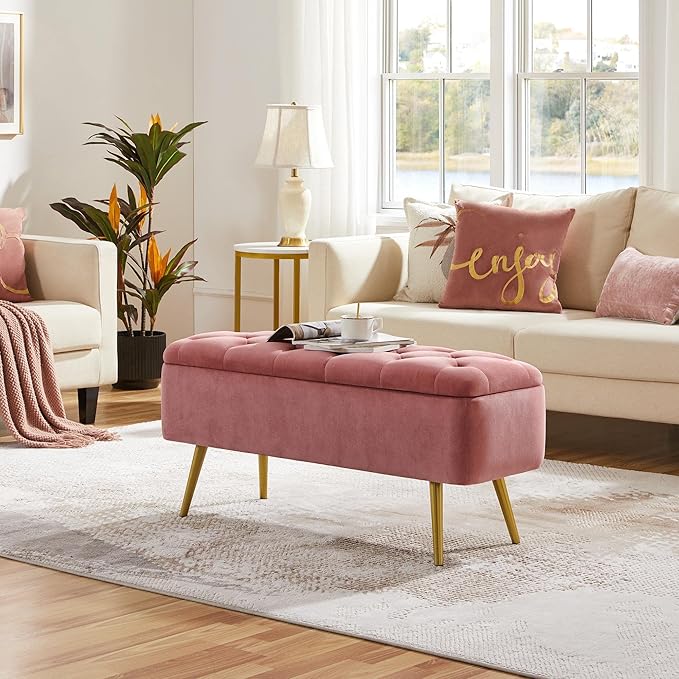 Yaheetech Ottoman with Storage 2pcs, Velvet Entryway Bench with Safety Hinge, Upholstered Bench with Seating for Bedroom, Living Room, Holds up to 519 lb, Pink