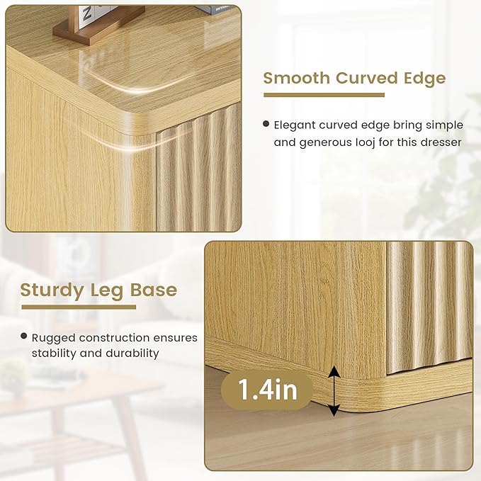 Fluted Dresser with 6 Drawers for Bedroom, 48" Wide Wooden Chest of Drawers with Natural Curved Profile Design, Modern Dresser TV Stand, Wood Closet Clothes Storage Organizer