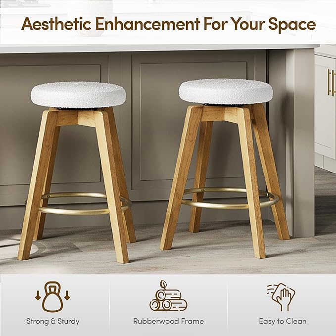 Swivel Premium Solid Wood Counter Stool 25", 360° Rotating Upholstered Cushion, Backless Bar Chair for Island, Pub, Kitchen, Dining Room (Light Oak)