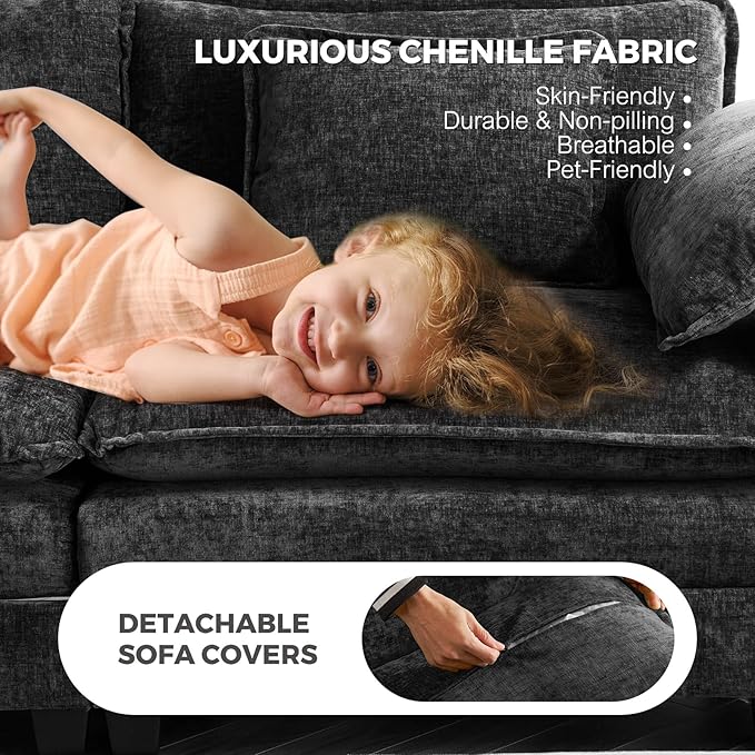 ELUCHANG 113" Modular Sectional Sofa, Comfy Cloud Couch Deep Seat Sofa Couches for Living Room, Modern Sofa with Movable Ottoman and Throw Pillows, DIY Combination - Chenille Black