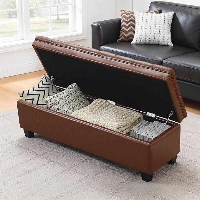 50" Faux Leather Storage Ottoman Bench, Rectangular End of Bed Storage Bench, Upholstered Large Tufted Ottoman with Storage for Living Room, Bedroom, Entryway,Light Brown