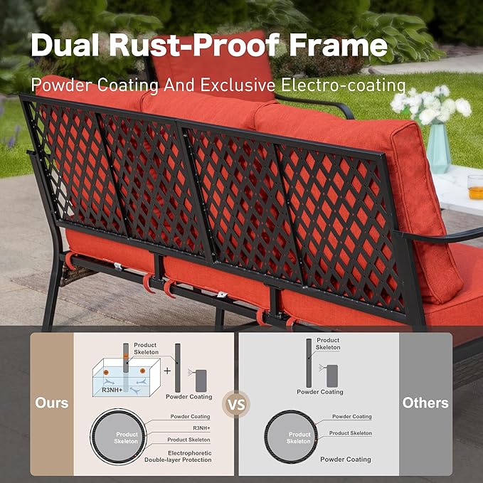6 Piece Metal Outdoor Patio Furniture Set, Patio Conversation Set with Rocking Chair and 5.75" Thick Cushion & Coffee Tabl, Outdoor Seating Black Frame Backyard Furniture, Rust Red