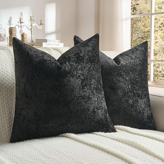 FUTEI Black Flannel Throw Pillow Covers 22x22 Inch Set of 2,Soft Dimensional Textured Cushion Cases,Modern Home Decor for Couch Living Room
