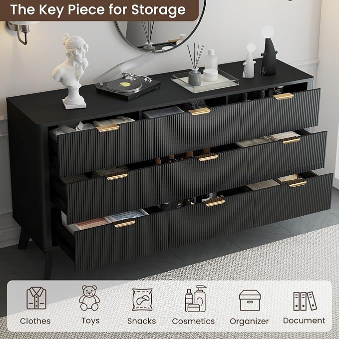 SUNWAVE Fluted 9 Drawer Dresser for Bedroom, 59.1" Wide Modern Large Dresser with Round Corner, Wood Drawer TV Stand for Living Room