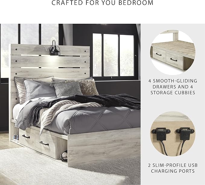 Signature Design by Ashley Cambeck Farmhouse Full Panel Platform Bed with 4 Storage Drawers, Sconce Light and USB Ports, Foundation or Box Spring Not Needed, Whitewash